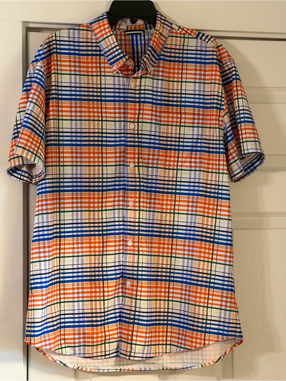 Men's Alex Vando Short-Sleeve Stretch Plaid Button-Down Shirt Orange & Blue XXL - Picture 1 of 5